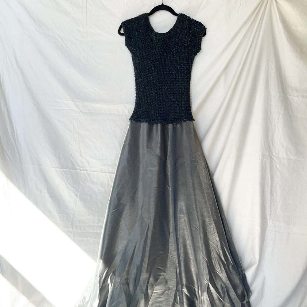 Vintage 90s Metallic Silver Drop Waist Gown Whimsigoth Dark Romantic